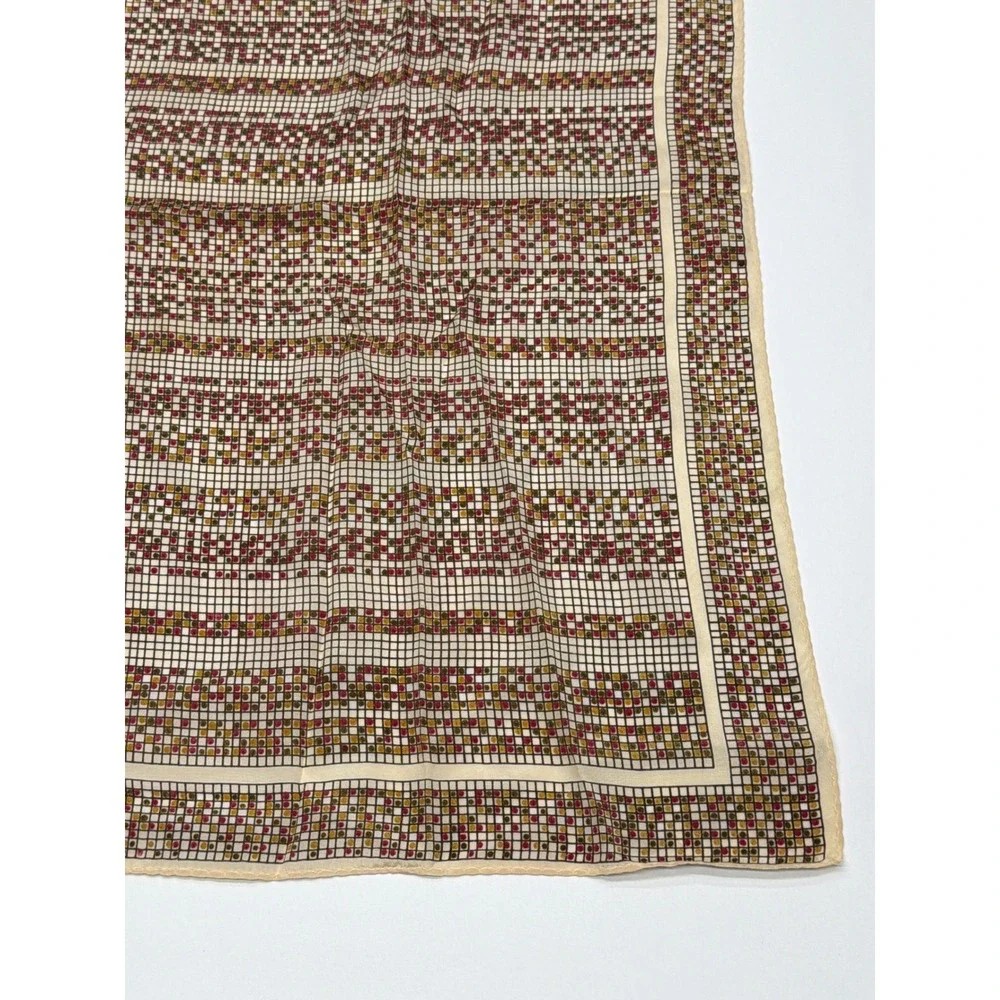 Vintage Square Silk Scarf Geometric Grid‎ Dot Pattern Cream Burgundy 26 Inch